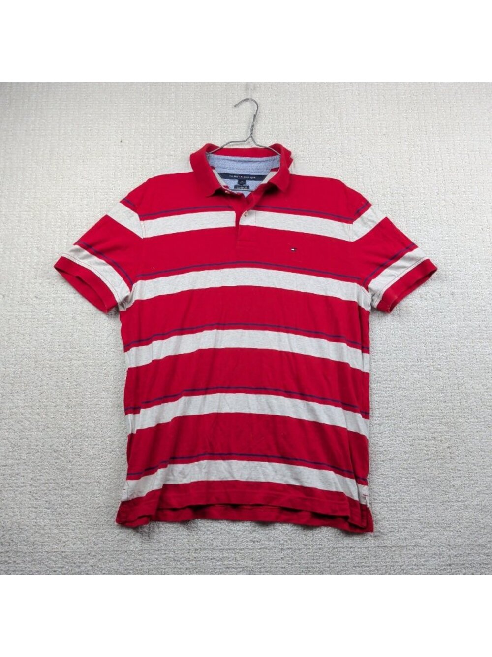Tommy Hilfiger Custom Fit Polo L Shirt Short Sleeve Striped Preppy Red Academia